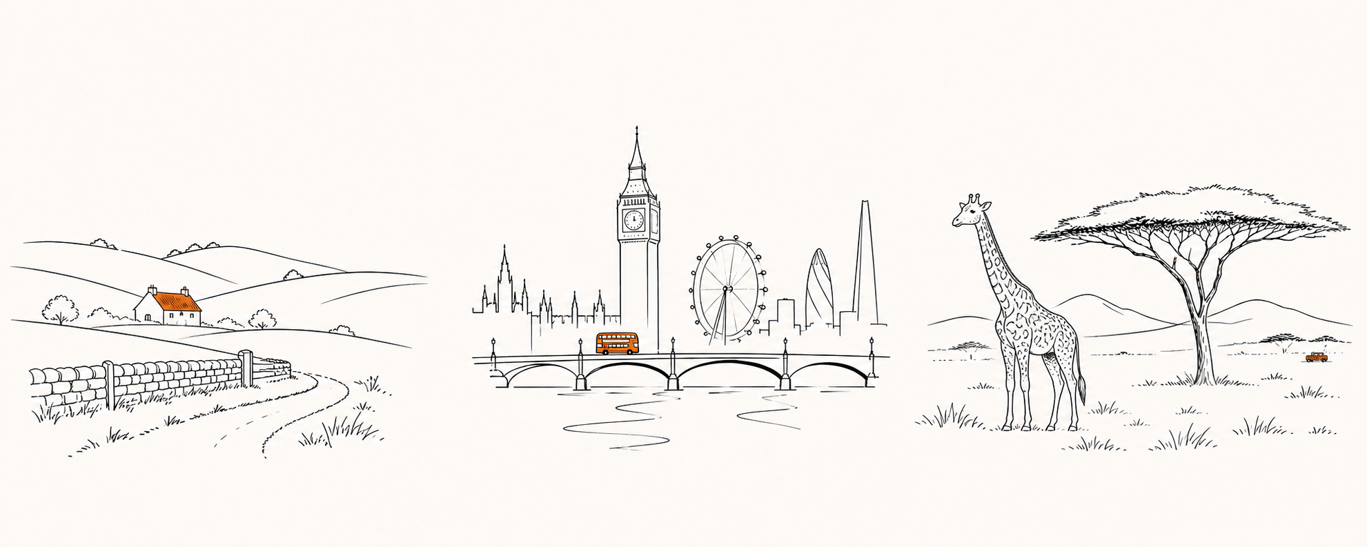A contemporary line illustration travelling from the Somerset countryside, through London, to Uganda, with a giraffe and a distant orange Land Rover