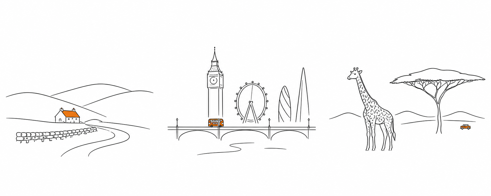 A simple contemporary line illustration travelling from the Somerset countryside, through London, to Uganda, with a small orange detail in each location
